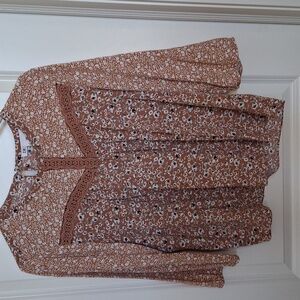 Dr2 Floral Blouse Size L Rayon 3/4 Sleeve Crochet Boho Tan Cream